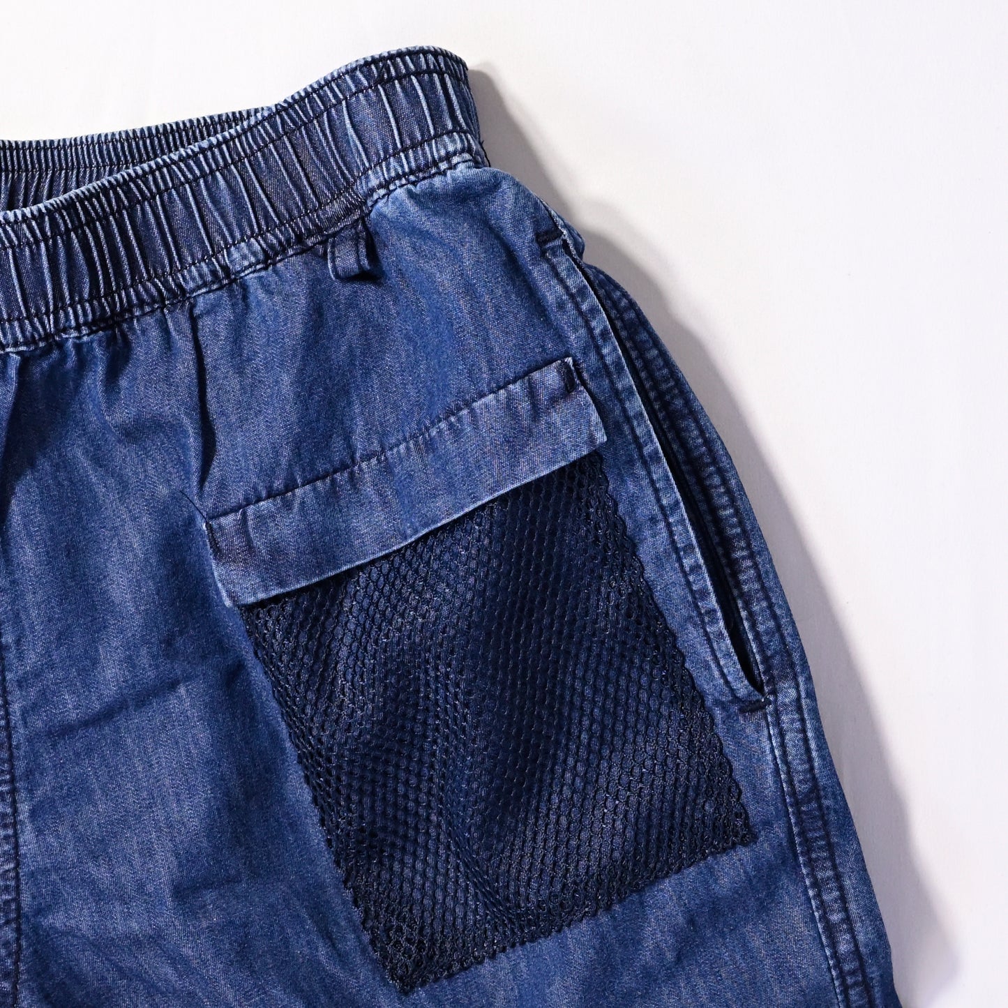 B24FP223dew BUDO MINIMUM DENIM MESH SHORTS INDIGO